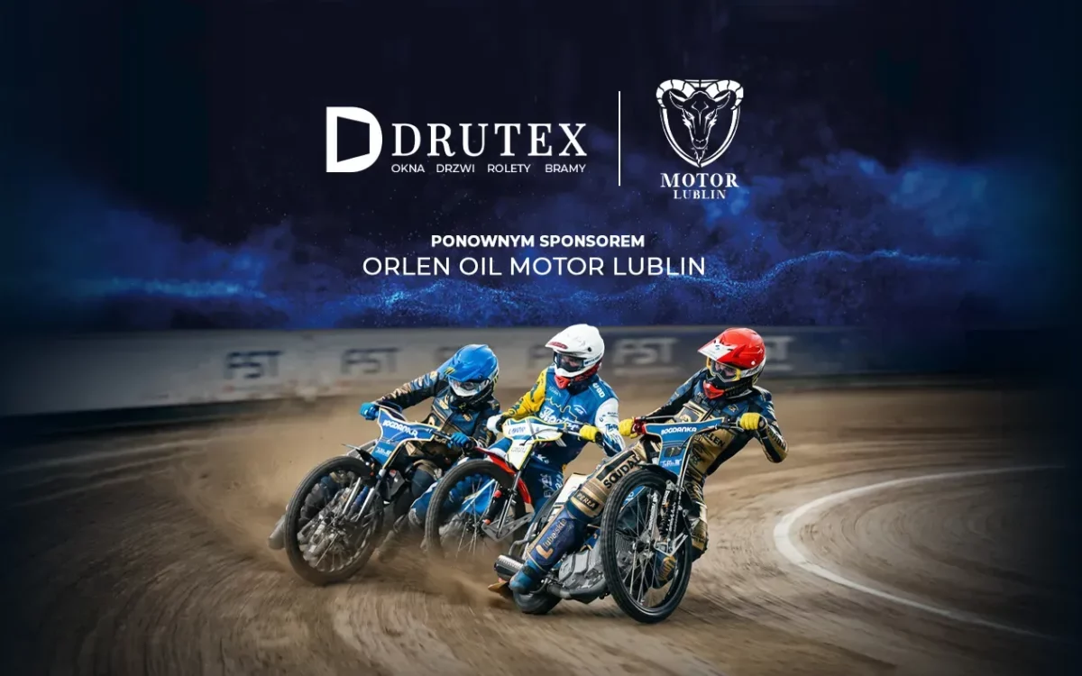 Drutex sponsorem Motoru Lublin – zawodnicy żużlowi na torze i logo partnerów na grafice ogłaszającej współpracę w sezonie 2026.