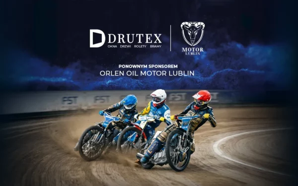 Drutex sponsorem Motoru Lublin – zawodnicy żużlowi na torze i logo partnerów na grafice ogłaszającej współpracę w sezonie 2026.