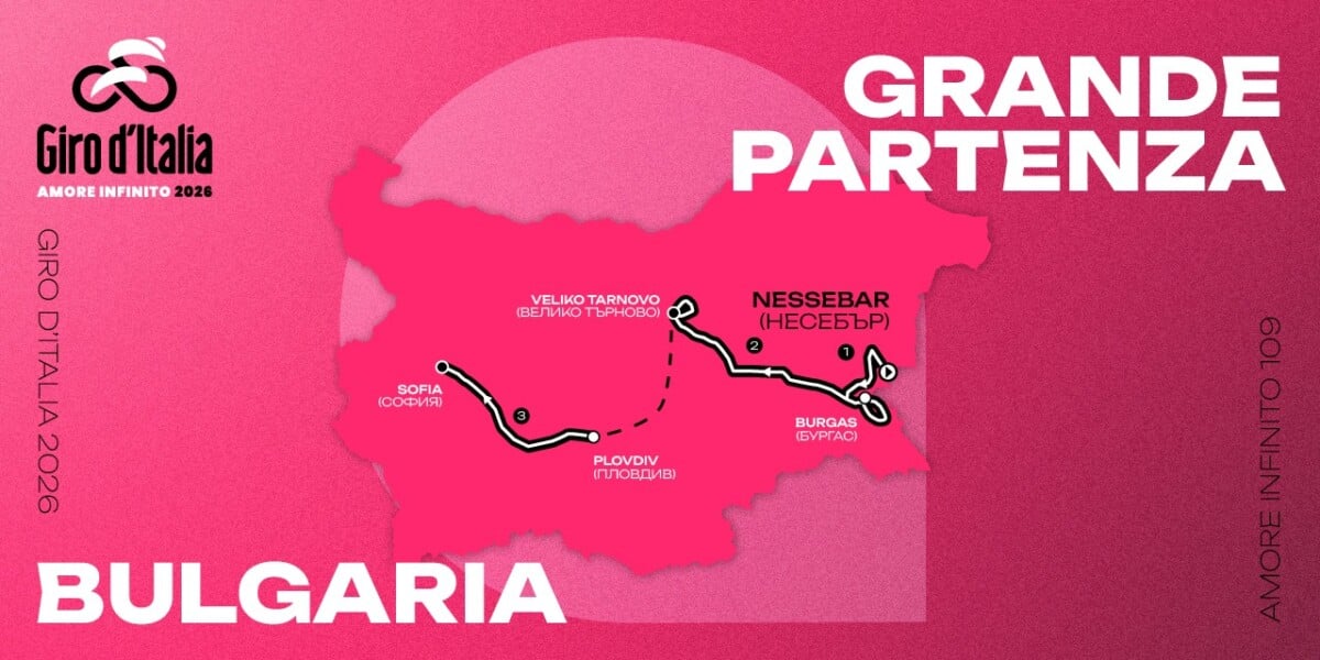 Mapa pierwszych etapów Giro d’Italia 2026 w Bułgarii (Grande Partenza) z trasą przez Sofię, Płowdiw, Wielkie Tyrnowo, Burgas i Nesebyr na różowym tle z logo wyścigu.