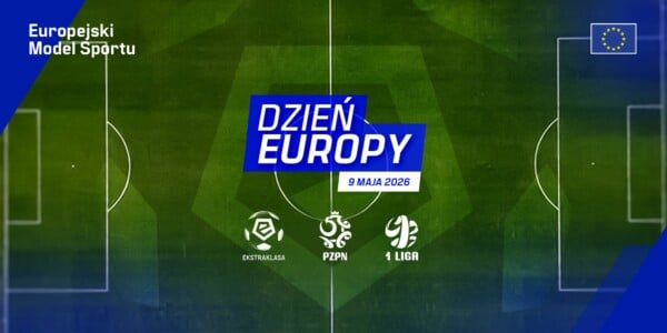 Grafika promująca Dzień Europy w PKO BP Ekstraklasie i Betclic 1 Lidze z logotypami PZPN oraz napisem Europejski Model Sportu.