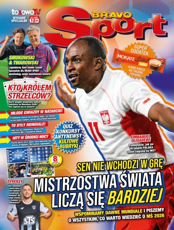 Okładka wydania specjalnego Bravo Sport przygotowanego przez STS na Mistrzostwa Świata 2026, przedstawiająca Emmanuela Olisadebe, terminarz meczów oraz zapowiedzi wywiadów z Twarowskim i Smokowskim.