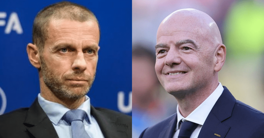 Portret prezydenta UEFA Aleksandra Ceferina i prezydenta FIFA Gianniego Infantino zestawiony obok siebie.