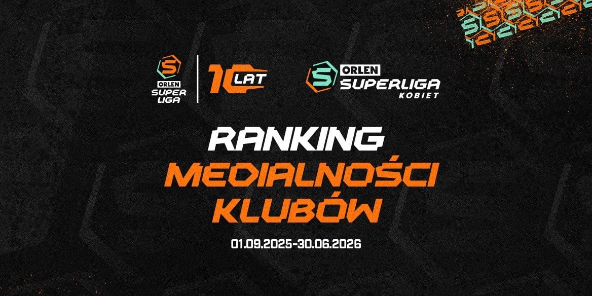 Grafika przedstawiająca ranking medialności klubów ORLEN Superligi i ORLEN Superligi Kobiet za okres od 1 września 2025 do 30 czerwca 2026 roku.