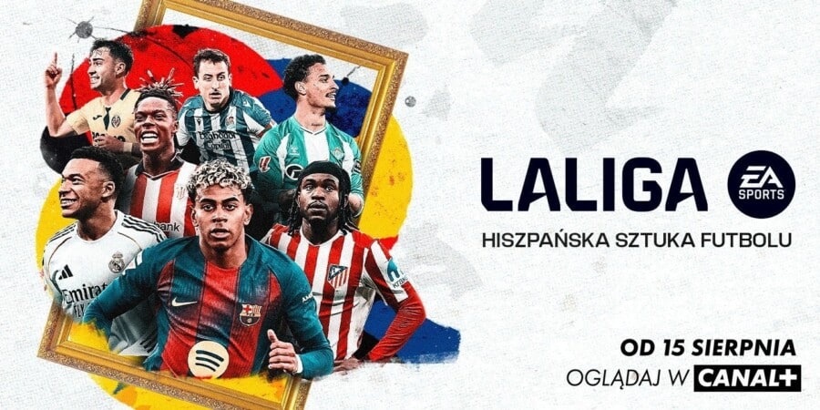 Plakat promocyjny rozgrywek LaLiga EA Sports w CANAL+ z podpisem „Hiszpańska Sztuka Futbolu” przedstawiający gwiazdy ligi hiszpańskiej w złotej ramie obrazu, w tym Lamine Yamala i Kyliana Mbappé.